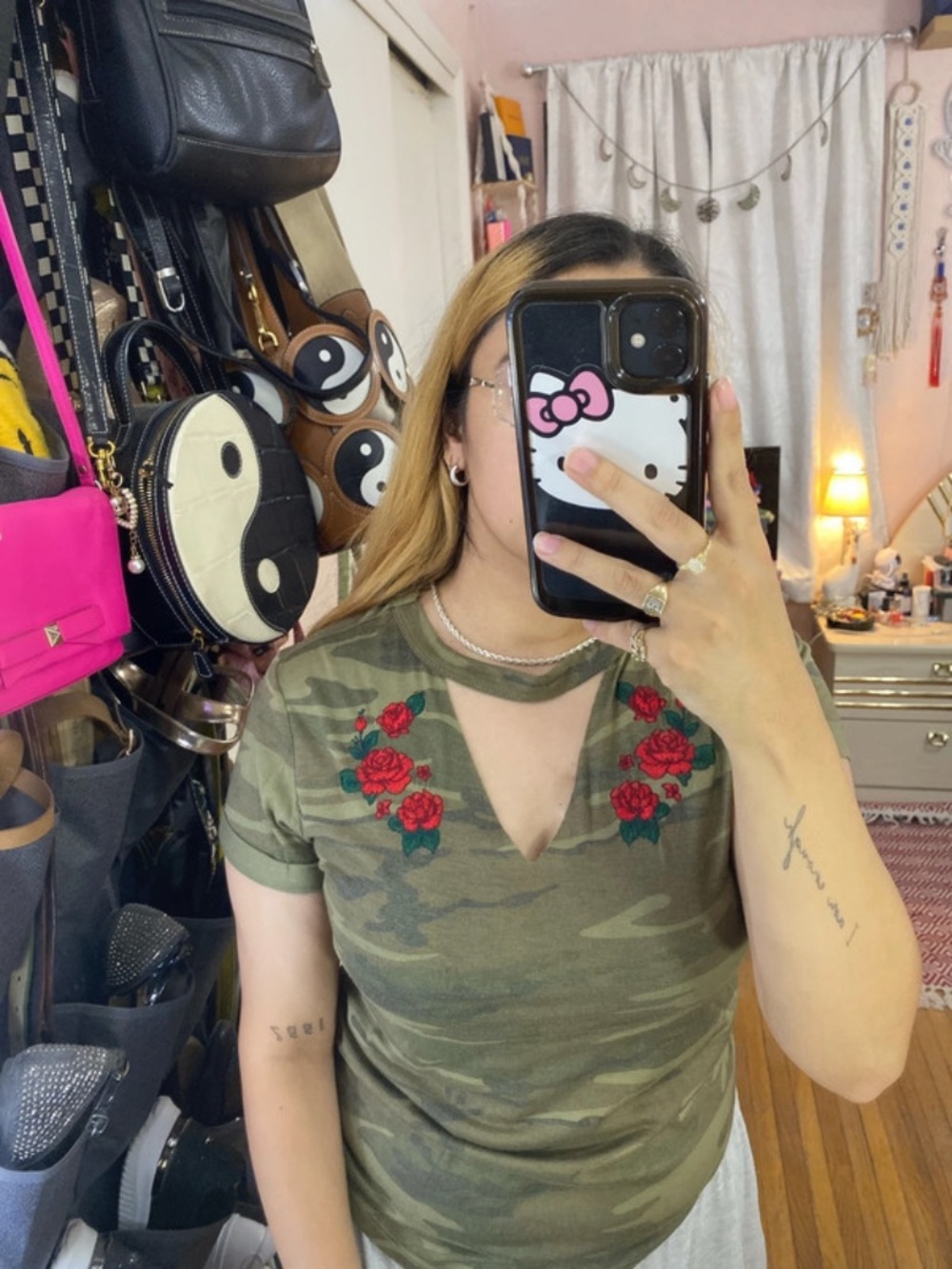 Cold Crush Olive Green Camo V-Keyhole Tee with Red Rose Embroidery